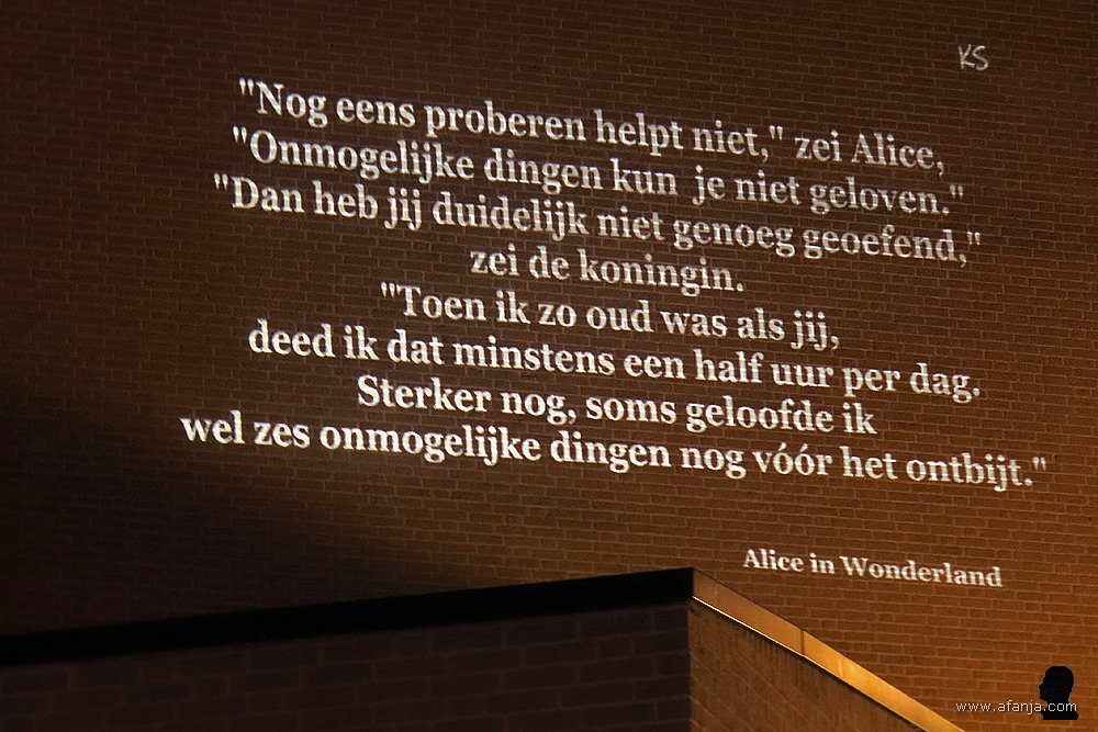 fragment uit 'Alice in Wonderland' van Lewis Carroll geprojecteerd op een gebouw tegenover schouwburg De Lawei in Drachten