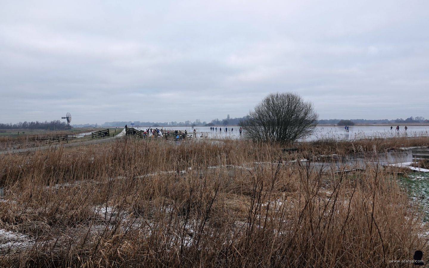 op de laatste koude dag werd er nog volop geschaatst op het ondergelopen land van de Noarderkrite tussen Smalle Ee en De Veenhoop