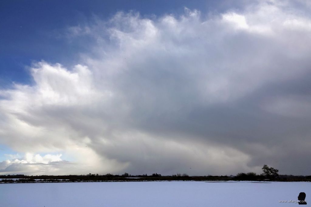 sneeuwbui boven de Wijde Ee