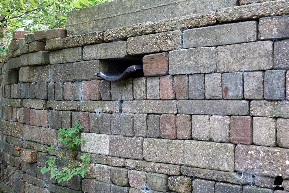 een frivole dakpan tussen de gestapelde stenen