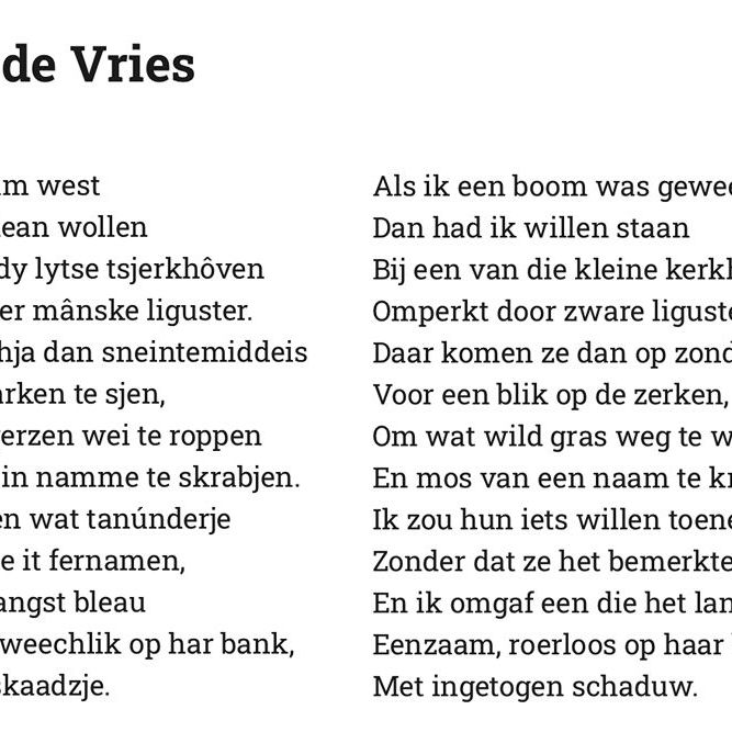 gedicht van Theun de Vries in het Fries en in het Nederlands