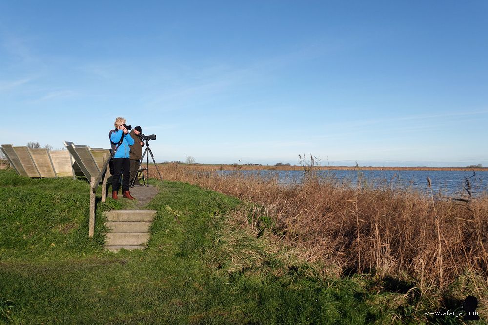Jetske en een vogelaar met een telescoop op statief