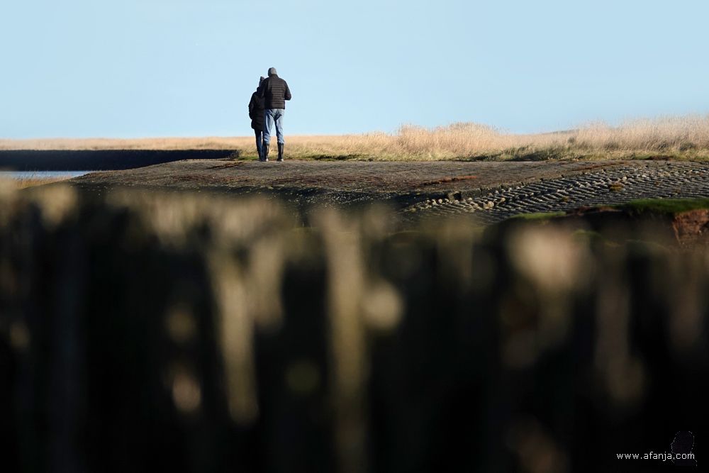 twee wandelaars aan de andere kant van de palenrij