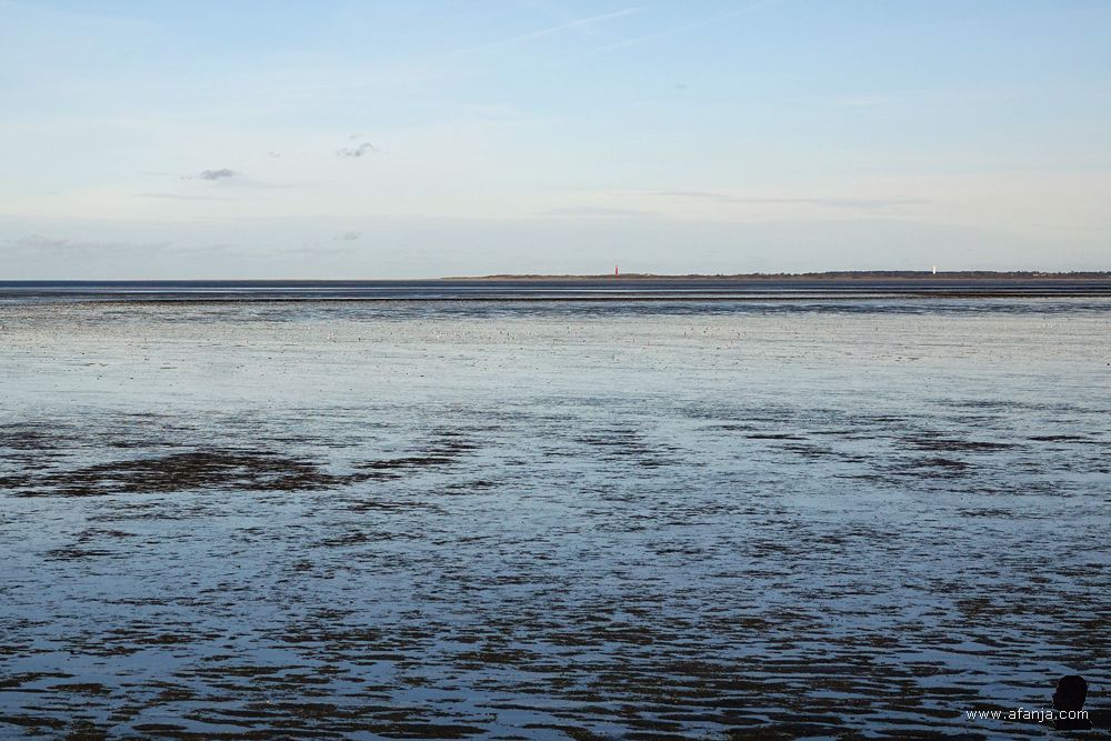 het Wad bij laag water, in de verte zijn de rode en de witte vuurtoren op Schiermonnikoog te zien