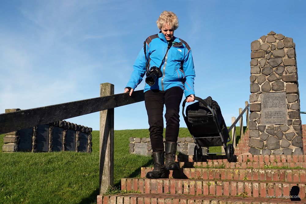 Jetske hobbelt met haar nieuwe cameratas op wieltjes naar beneden