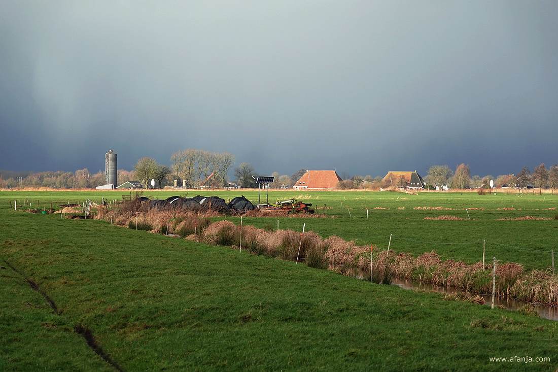 de zon licht de daken van boerderijen op tegen een buienlucht