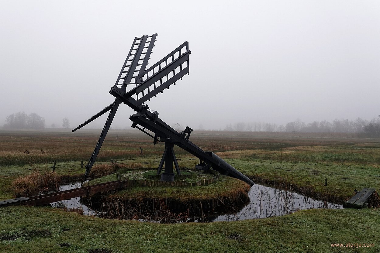 op de voorgrond een paaltjasker in De Weerribben op de achtergrond een kleine windmotor en wat bomen in de mist