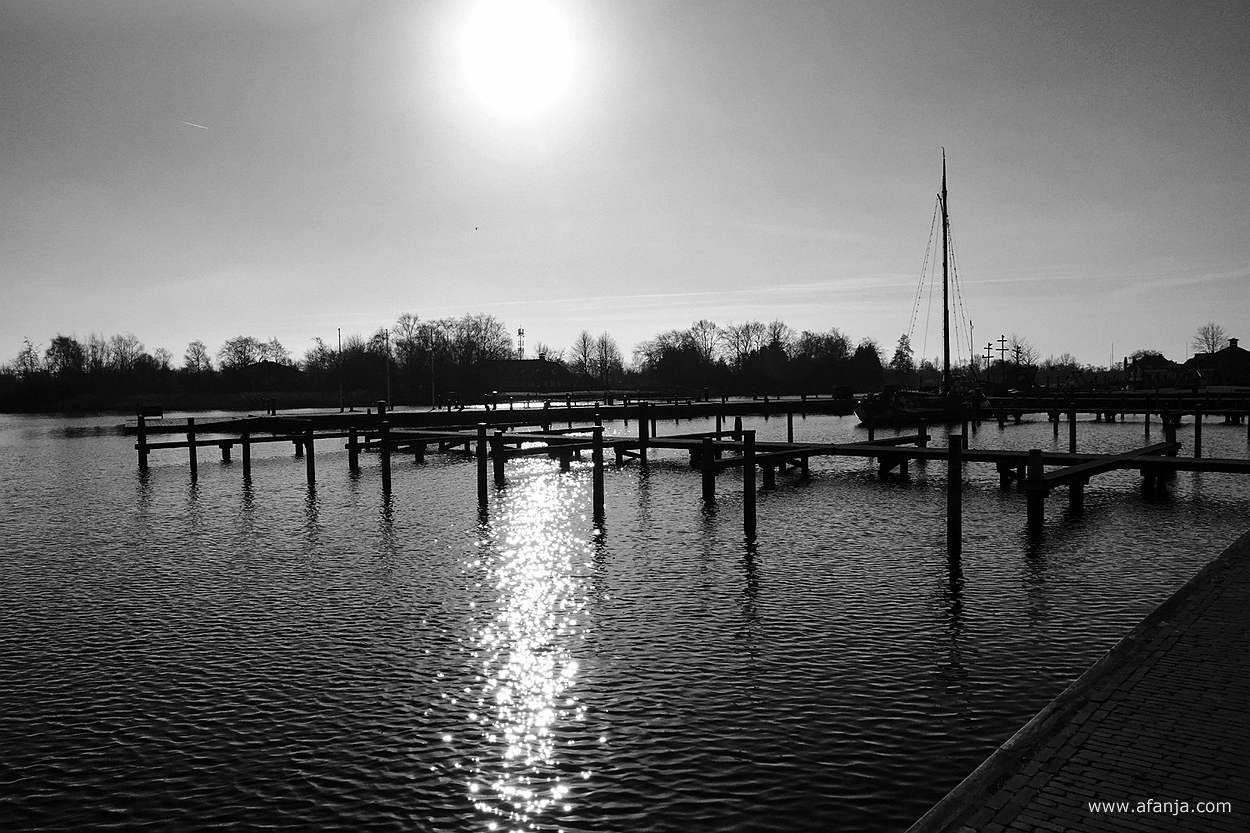 zwart/wit foto van meerpalen en aanlegsteigers in tegenlicht in de jachthaven