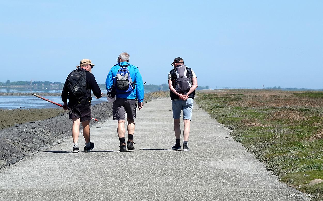 de mannen dragen alle drie een rugzakje, één van de mannen heeft een lange stok in de hand