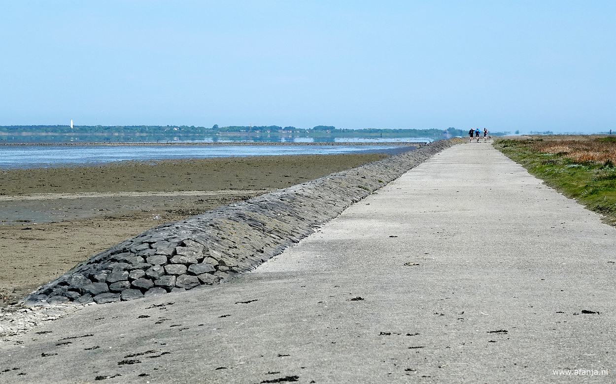 de mannen verdwijnen uit zicht op de lange strekdam, in de verte zien we Schiermonnikoog met zijn witte vuurtoren nog eens 'zweven'