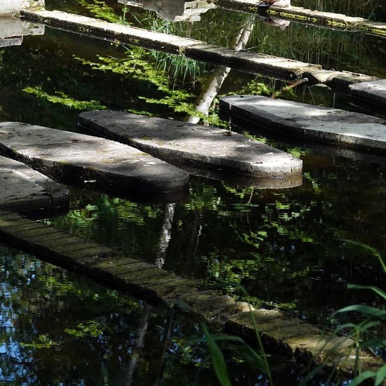 in het water zijn de restanten van een stenen schaalmodel in het Waterloopbos te zien