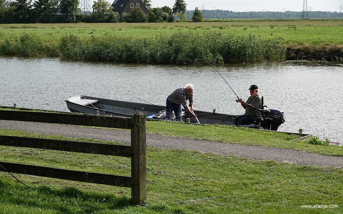 twee sportvissers lijken wat te hebben gevangen., met het schepnet wordt de vis omhoog gehaald