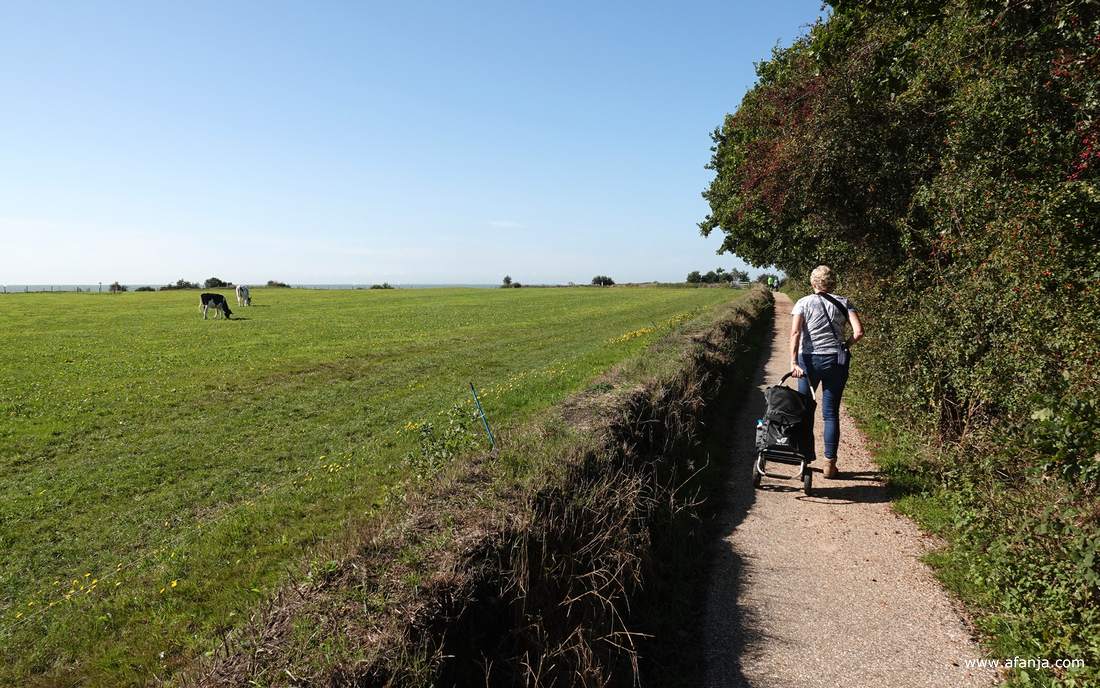 fotomaatje Jetske loopt met haar rollende cameratas over het paadje naar het Oudemirdumer Klif