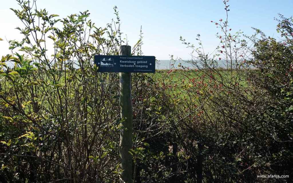 bordje met de tekst 'Kwetsbaar gebied - Verboden toegang' aan de voet van het Oudemirdumer Klif