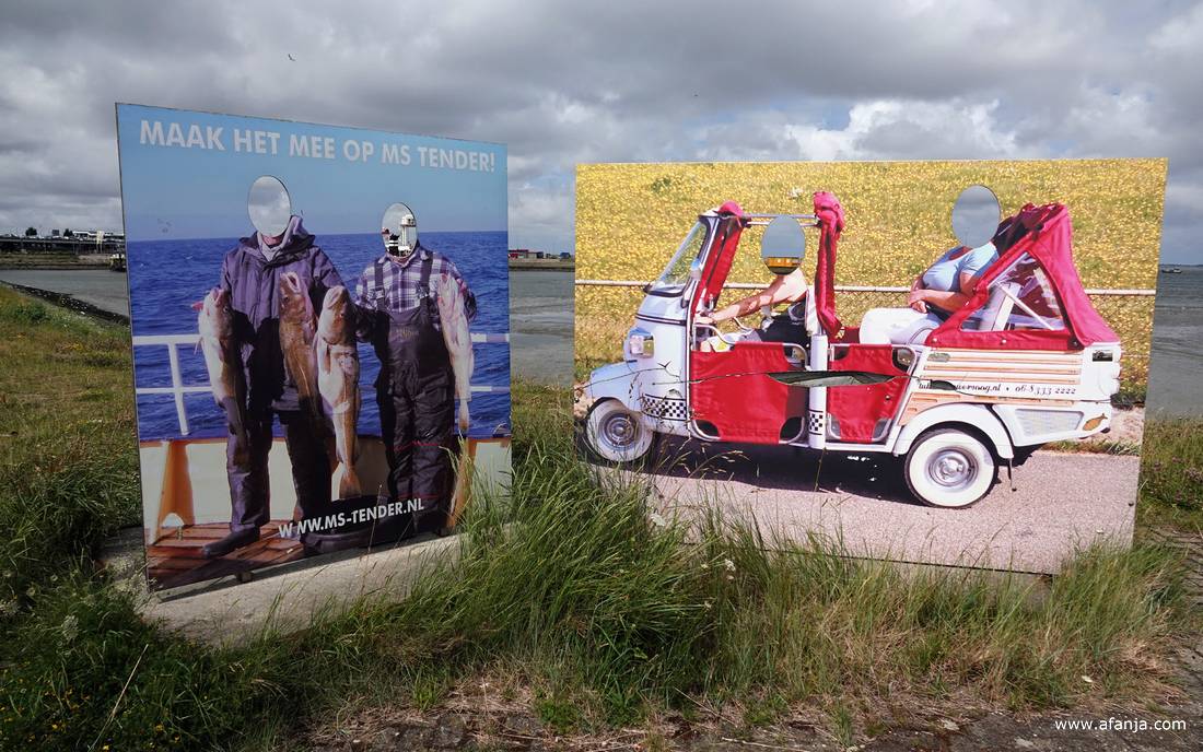 twee fotoschermen in het havengebied van Lauwersoog