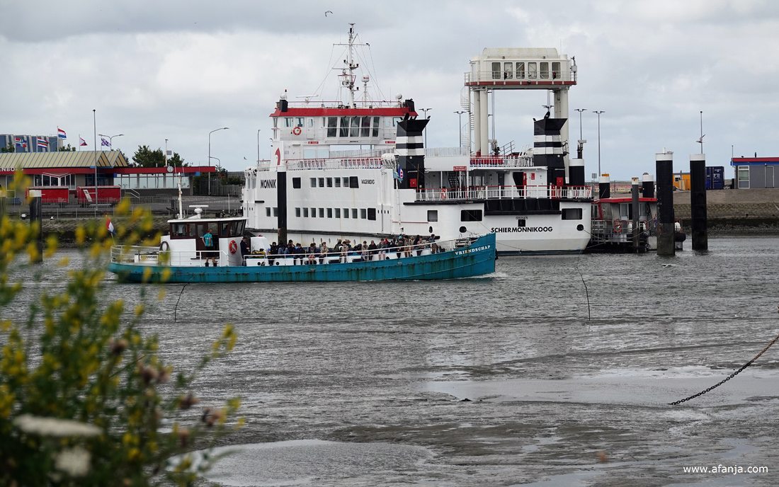de 'Vriendschap' vaart langs de veerboot 'Schiermonnikoog'