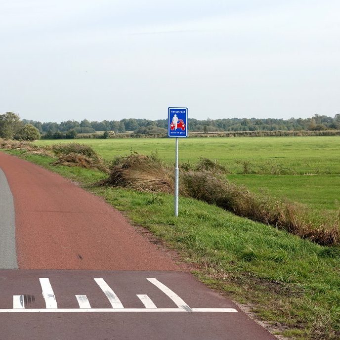 een blauw verkeersbord met een witte fietser en daarachter een rode auto