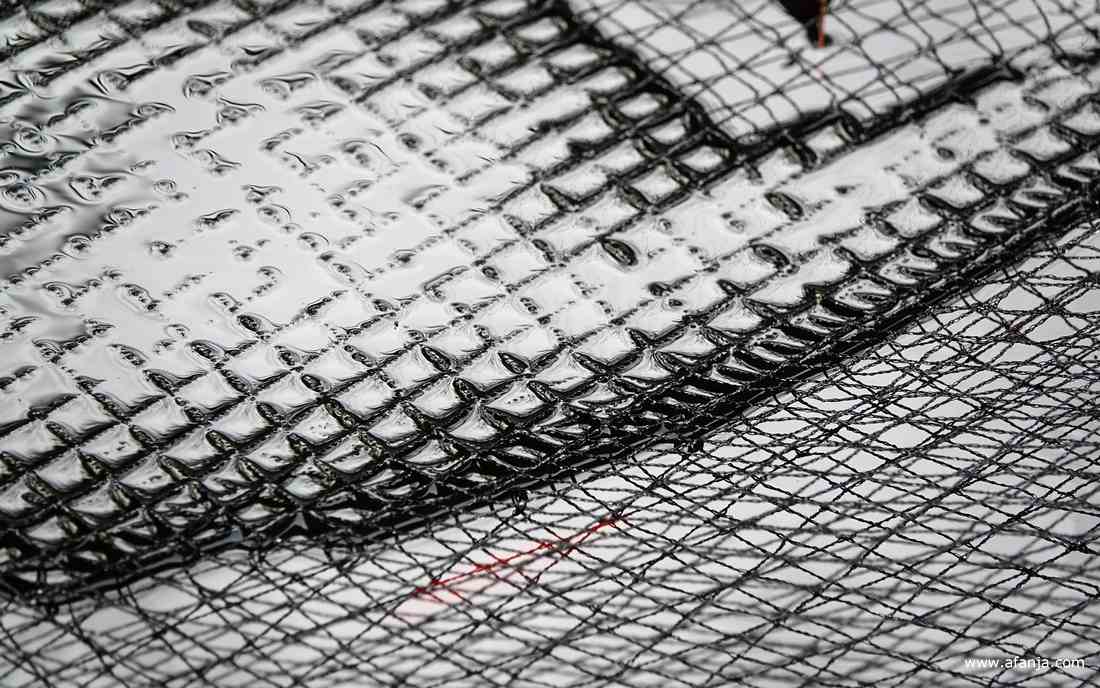 een net, dat over de vijver hangt om bladeren van de hazelaar op te vangen, hangt deels in het water