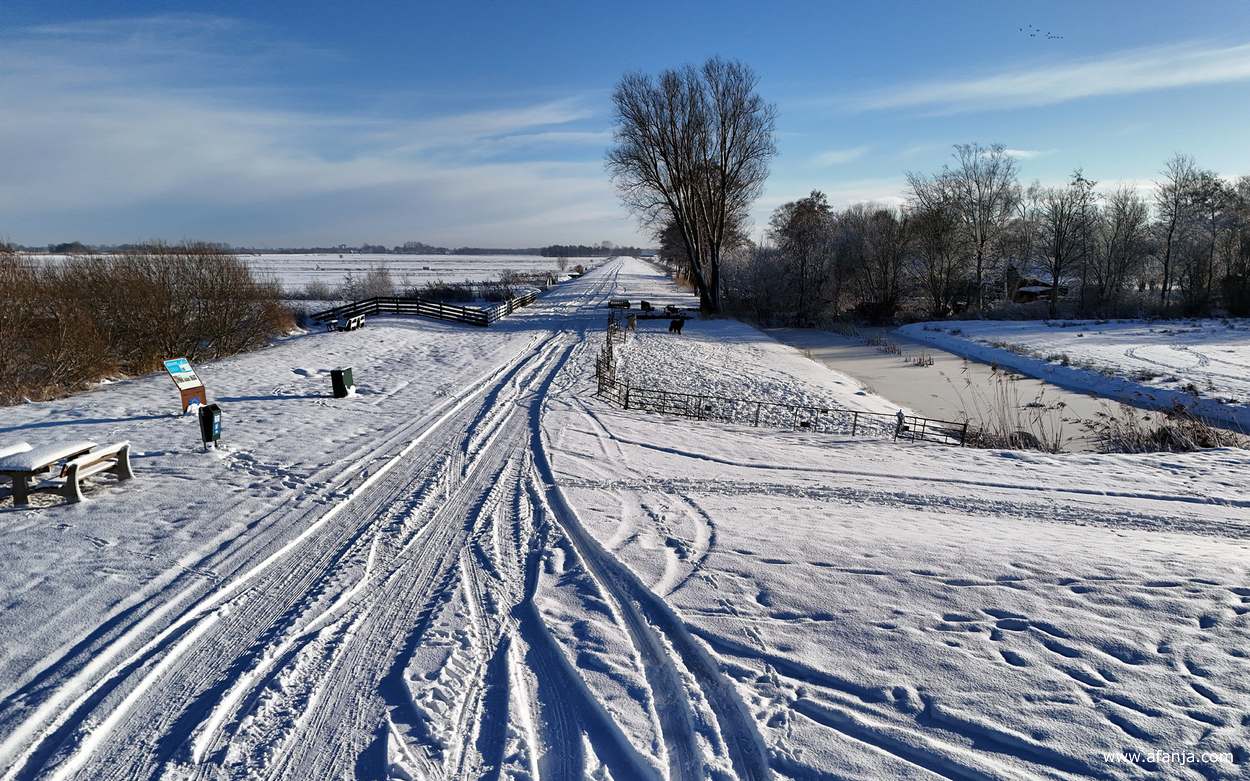 winter rond de Bûtendiken - zicht in oostelijke richting naar Smalle Ee - de weg was niet gestrooid of geschoven