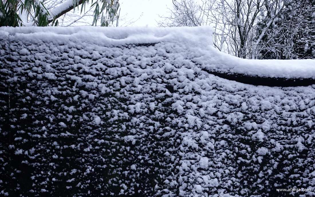 sneeuw hangt aan een schuttingdoek