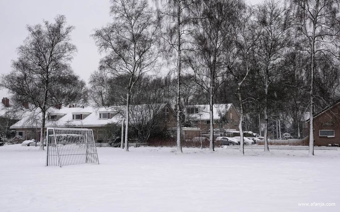 een deel van een besneeuwd speelterrein in onze wijk