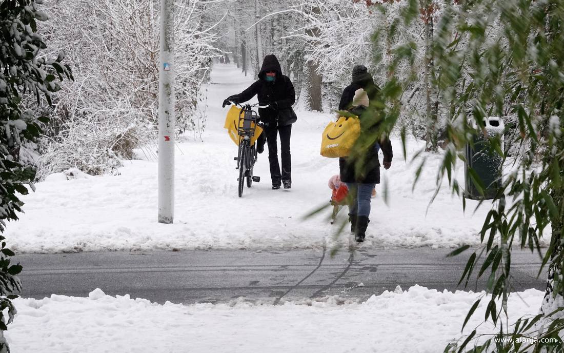 wandelaars in het besneeuwde bospad in onze wijk