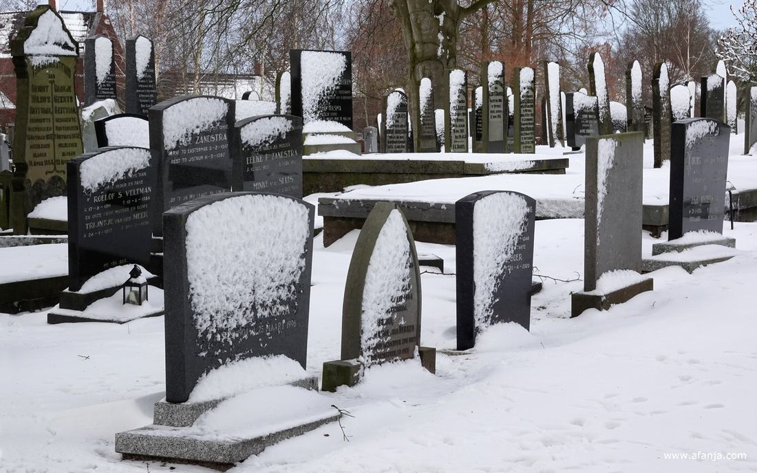 op de besneeuwde begraafplaats met de Groene toren in Eastermar-Heechsân
