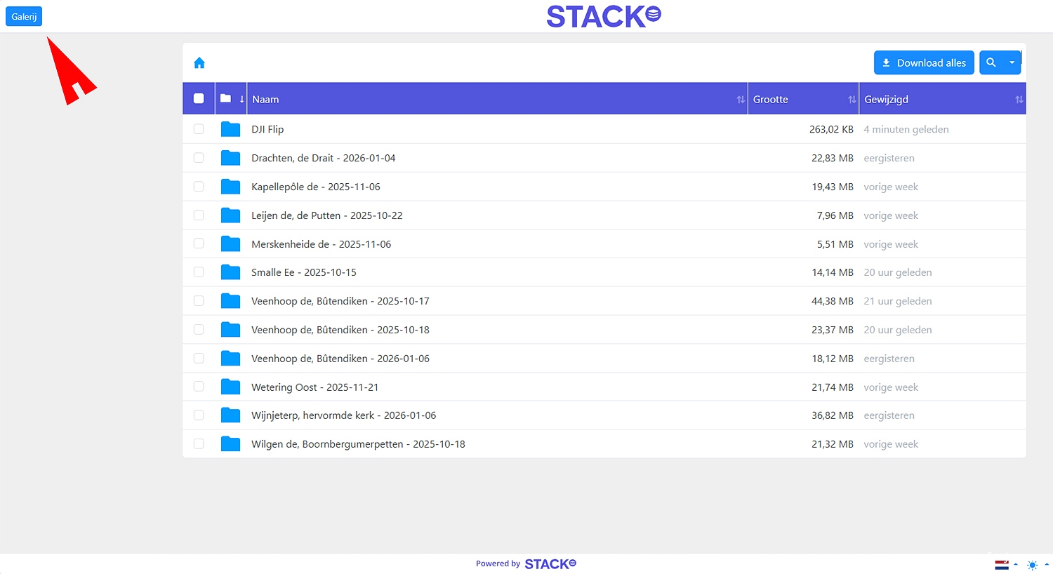 de lijstweergave van mijn drone-opnamen - klikken op 'Galerij' brengt een galerij van de foto's in beeld