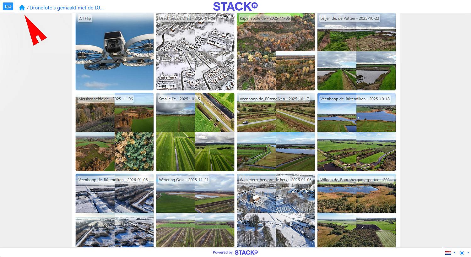 een overzicht van de mappen met dronefoto's met plaats en datum - met de knop 'home' kom je terug bij het overzicht