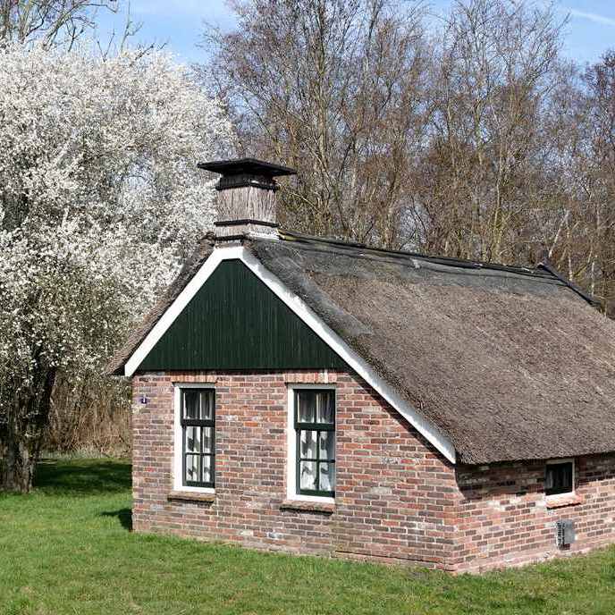 een vervenershuisje met een bloeiende krentenboom aan de Hoogeweg