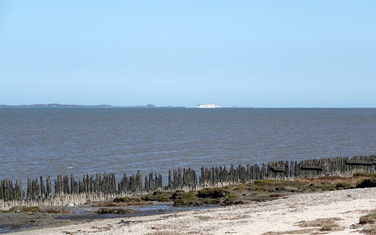uitzicht over de Waddenzee, in de verte de veerboot van Schiermonnikoog naar Lauwersoog