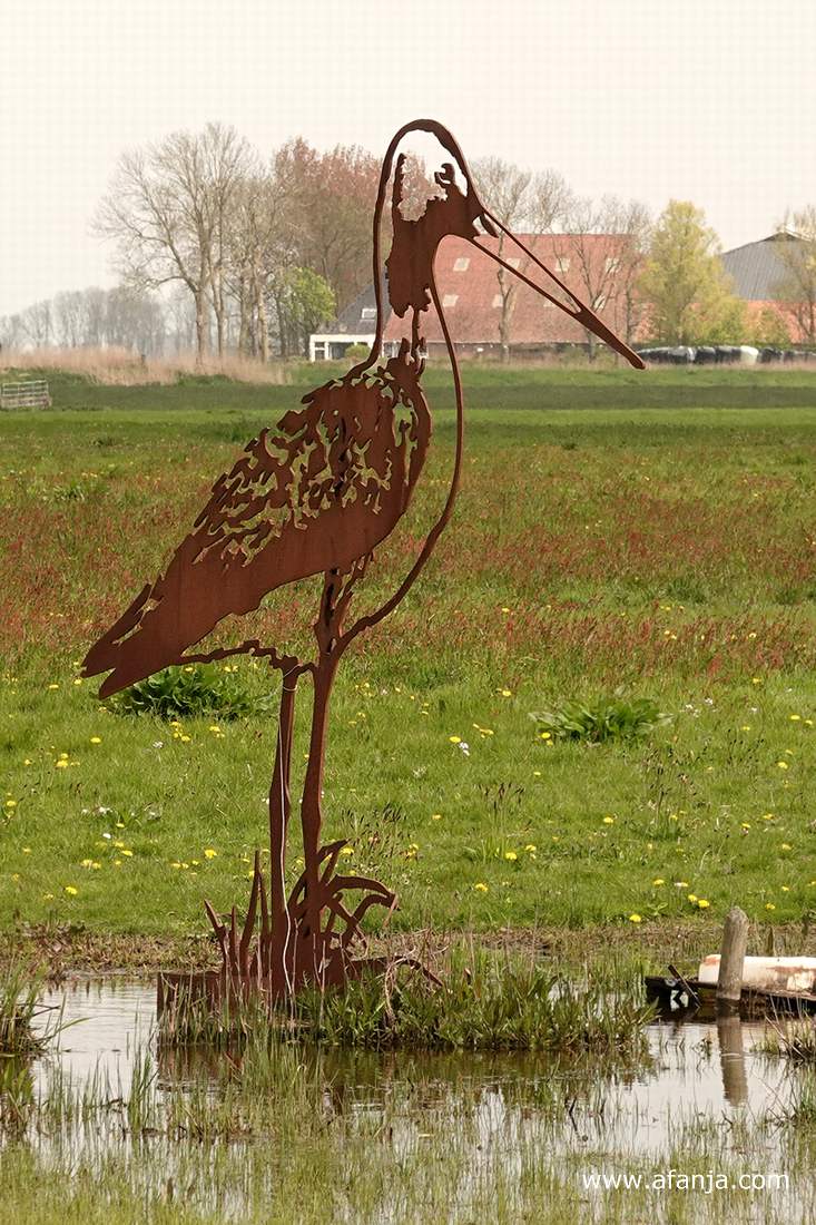een ca. 3 meter hoge cortenstaal grutto en een echte grutto in het land bij boer Bote