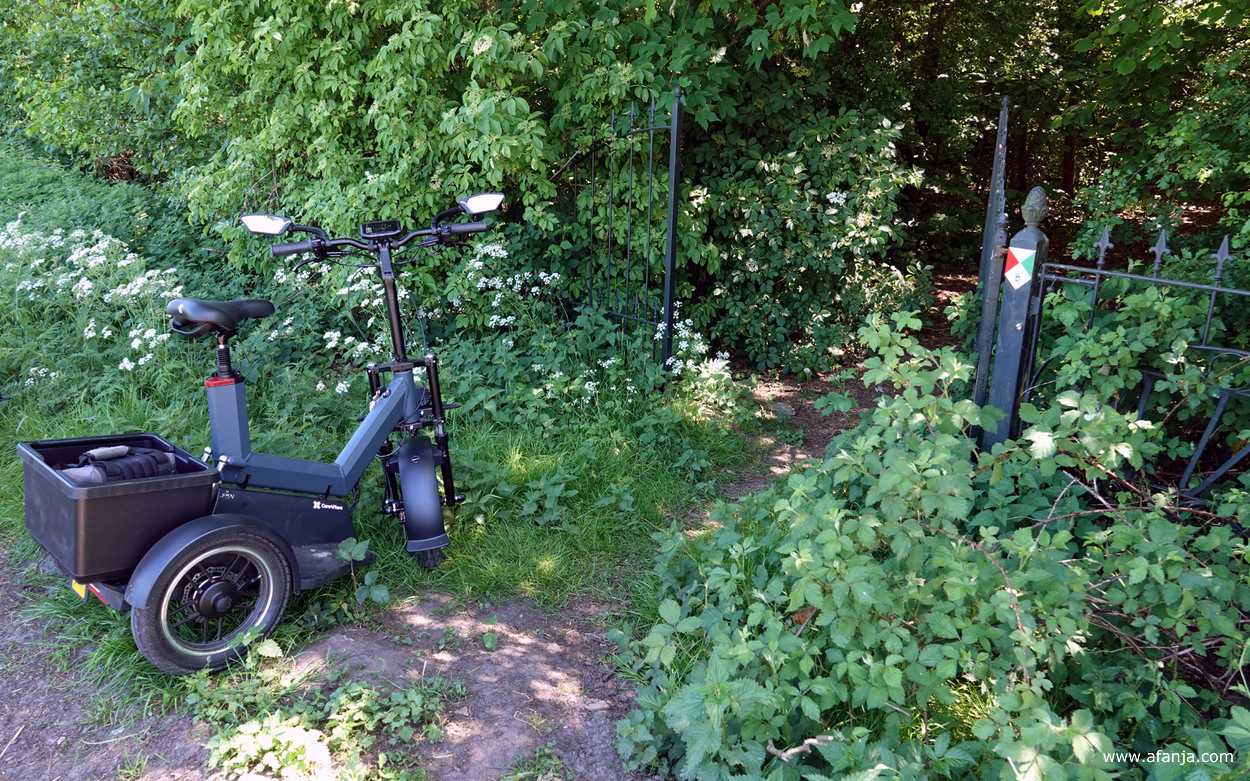 de Joiny staat geparkeerd bij een hek rond een bijzonder bosje