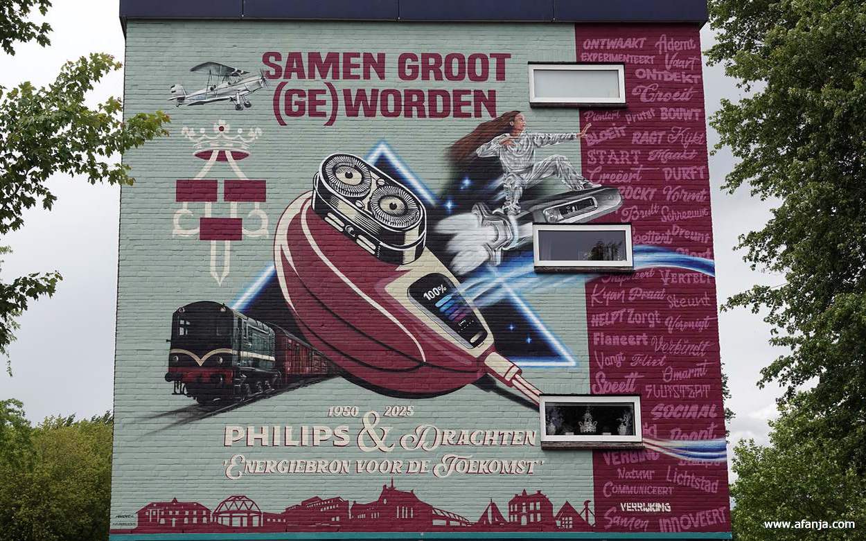 muurschildering aan de Markt over 75 jaar Philips en Drachten